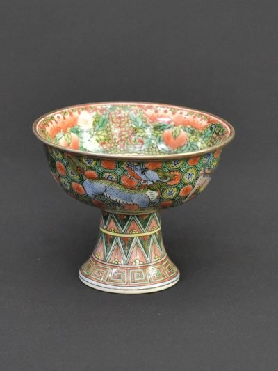 Vintage Chinese Shou Longevity Dragon Stem Cup – Famille Rose Porcelain – 110mm Width