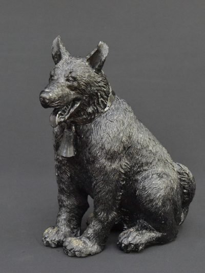 Sitting Dog Sculpture with Bell – Detailed Handcrafted Artwork