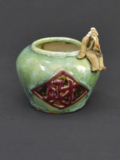 Ceramic Fortune Wine Jar with Sage Figurine – Green Glazed Decoration – 105mm Height x 110mm Width x 110mm Depth – 465g