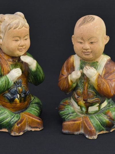 Vintage Chinese Tang Sancai Style Figurines – 金童玉女 Clay Statues (Pair)