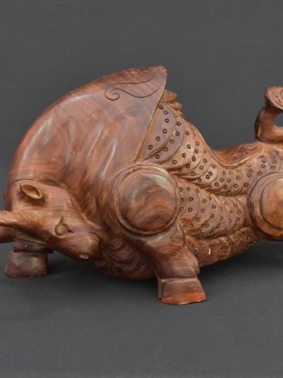 Vintage Solid Wood Money Bull Figurine – 1990s Decorative Sculpture
