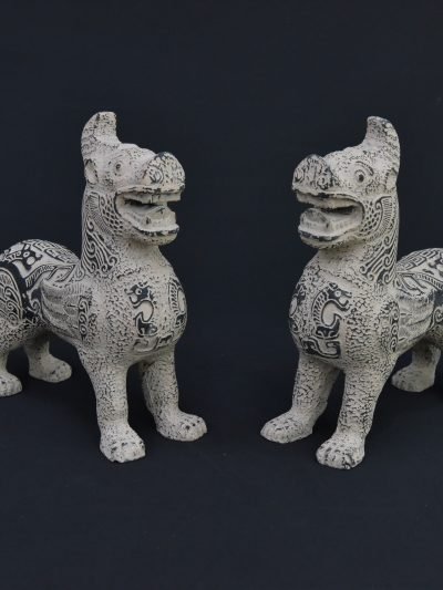 Pair of Chinese Mythical Guardian Creatures – Clay Sculptures, 1990s