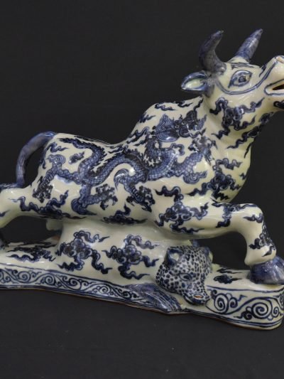 Vintage Blue and White Porcelain Ox Figurine – Chinese Zodiac – 1980s
