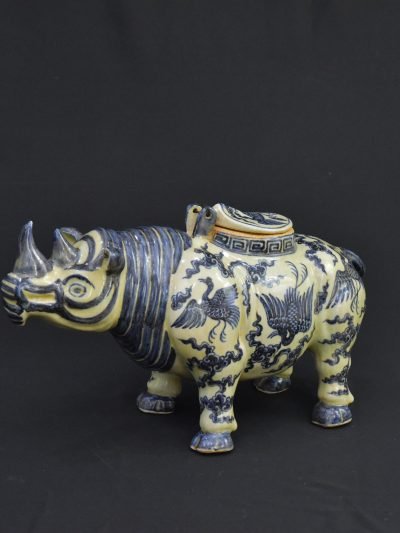 Vintage 1980s Blue & White Porcelain Rhino Figurine Pottery Sculpture