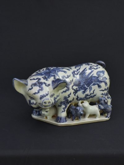 Vintage Blue and White Porcelain Pig Figurine – Chinese Zodiac – 1980s