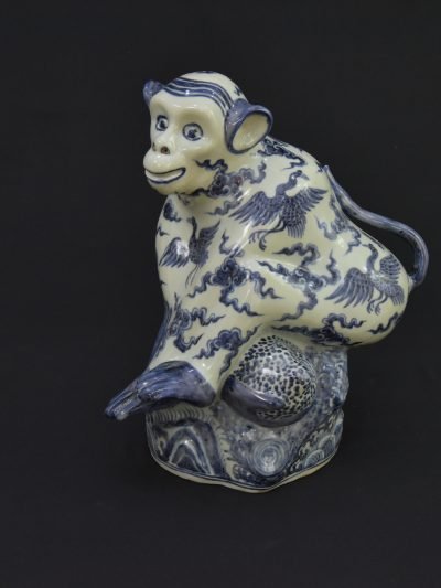Vintage 1980s Chinese Zodiac Monkey Figurine – Blue and White Ceramic