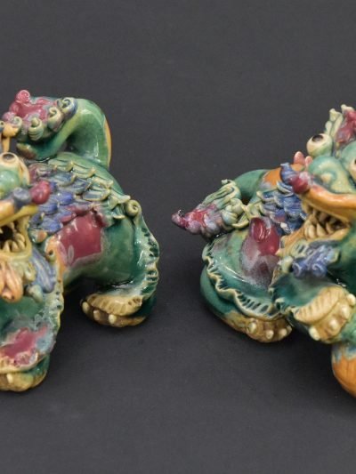 Vintage Chinese Guardian Lion Statues - Clay Foo Dogs - Hand-Painted - Late 1990s