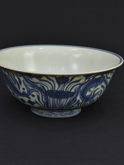 Vintage Blue and White Chinese Porcelain Bowl – Fish and Water Plants Motif – "Xuande" Mark