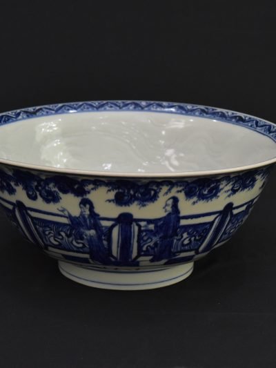 Vintage Chinese Blue and White Porcelain Bowl – 1980s Reproduction of Ming Xuande Style – “Ladies in Garden” Scene with Incised Dragon Motif