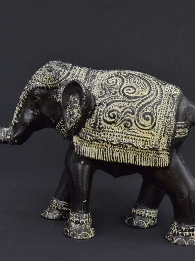 Vintage 1980s Ornate Metal Elephant Sculpture – Black & Gold Finish