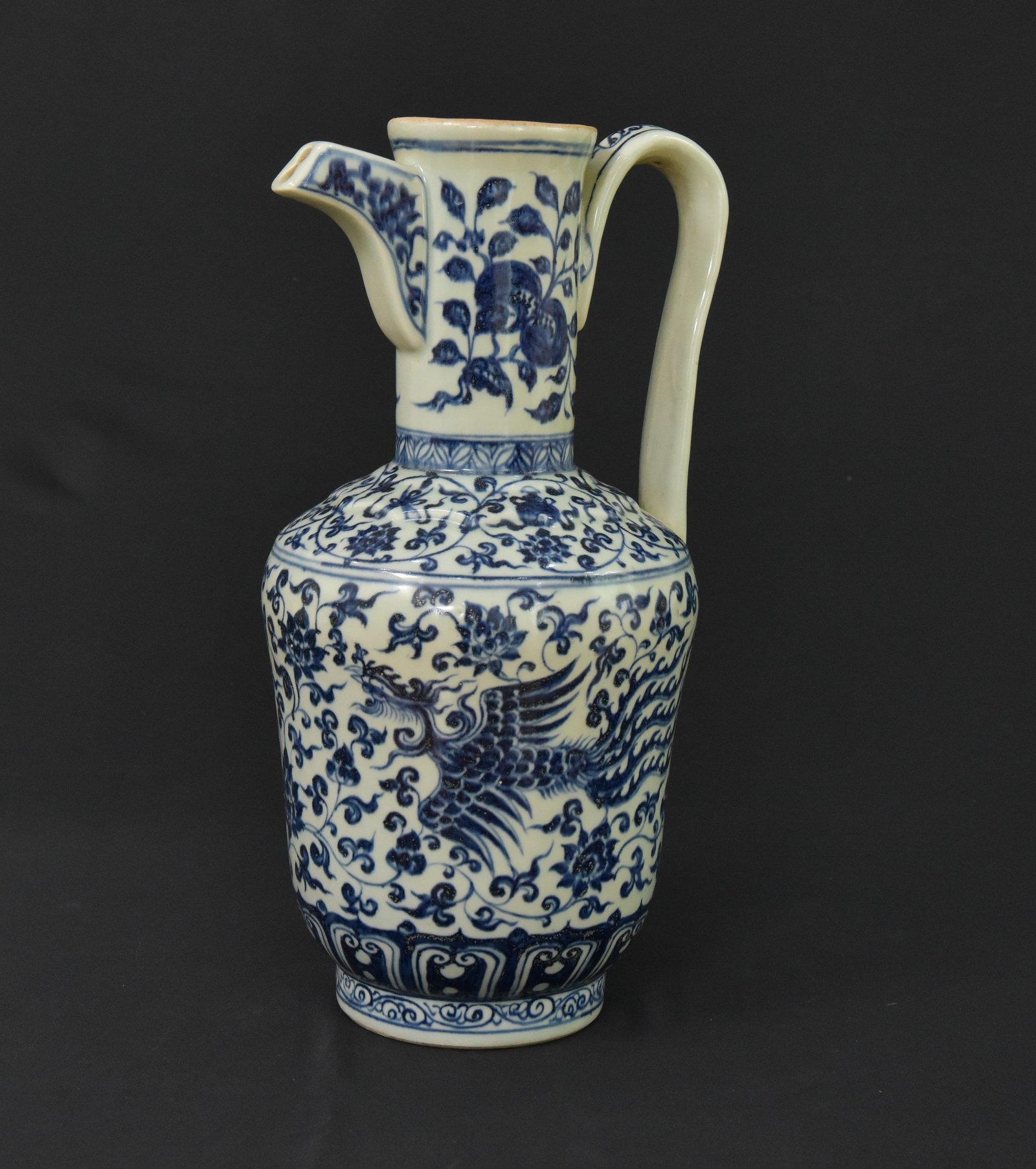 Vintage Chinese Blue and White Porcelain Ewer – Dragon & Phoenix Motif, Marked "Yongle Style", 1980s - Image 3