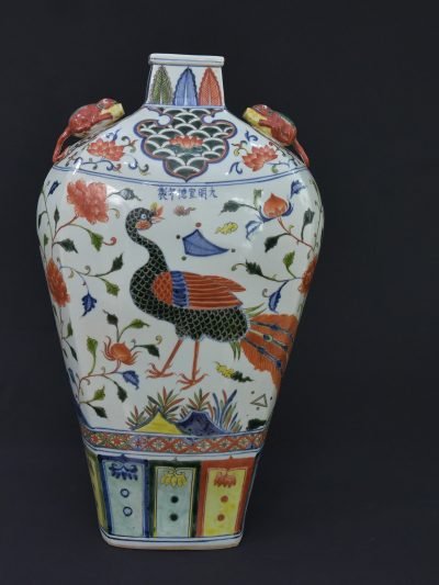 Vintage Chinese Wucai Porcelain Vase – "Peacock & Peony" Motif – Ming Dynasty Style (1980s Reproduction)