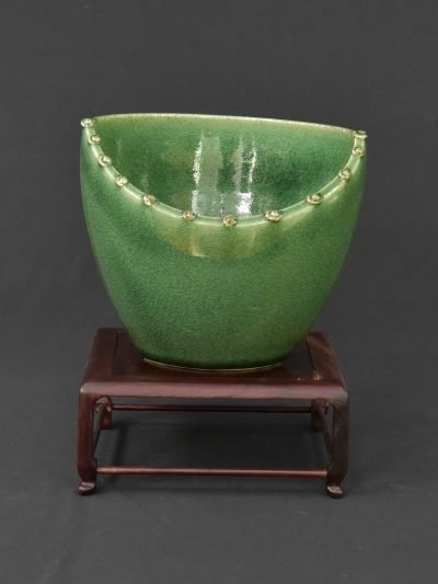 Vintage Porcelain Bowl with Green Glaze and Beaded Rim – 1960s Era – Stand Not Included