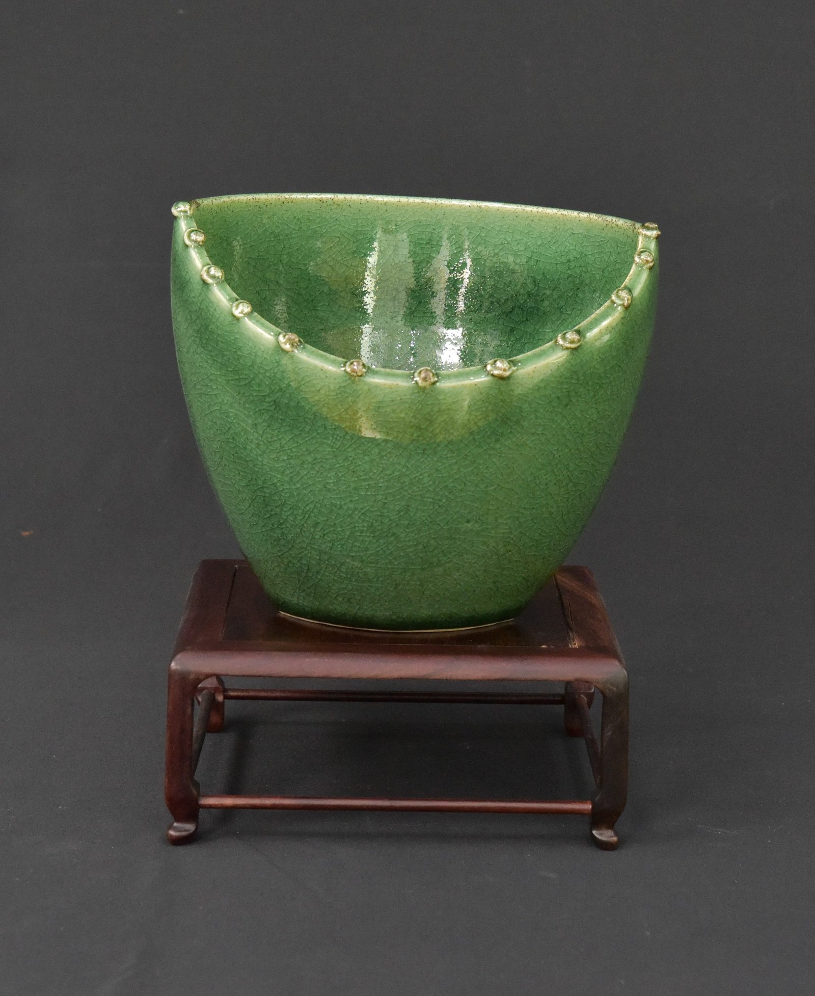 Vintage Porcelain Bowl with Green Glaze and Beaded Rim – 1960s Era – Stand Not Included
