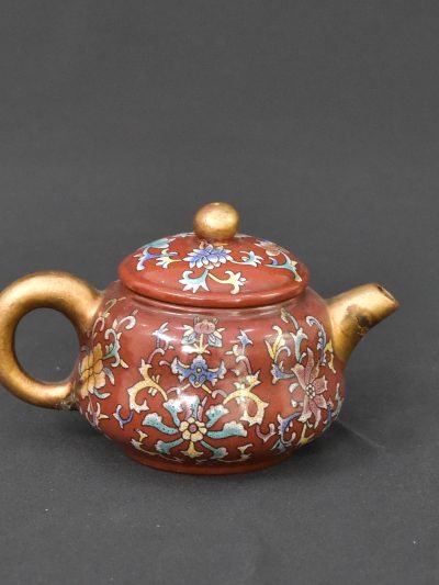 Decorative Cloisonné Style Teapot with Floral Motif – Red & Gold Finish