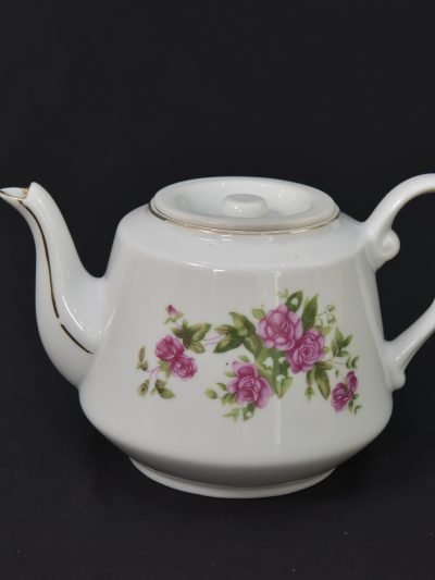 Vintage 1960s Porcelain Teapot with Pink Rose Floral Design – Elegant Gold Trim
