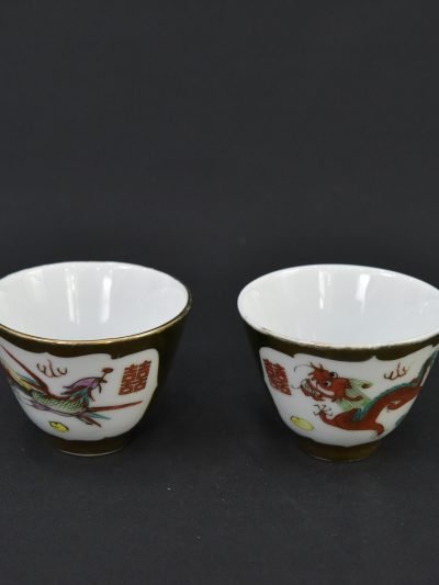 Vintage 1980s Chinese Porcelain Tea Cups – Dragon Motif – Set of 2