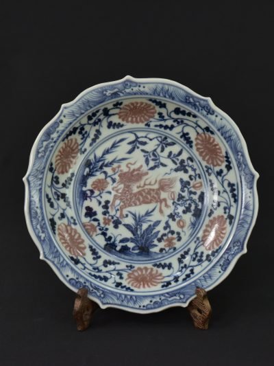 Chinese Porcelain Plate – Blue and Red Underglaze Decoration with Qilin Motif