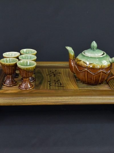 Vintage 1960s Ceramic Teapot and Cup Set – Brown and Green Glaze