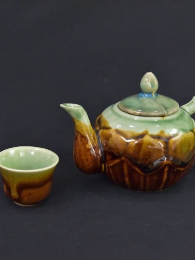 Vintage 1960s Glazed Ceramic Teapot with Matching Cup – Brown and Green Drip Glaze
