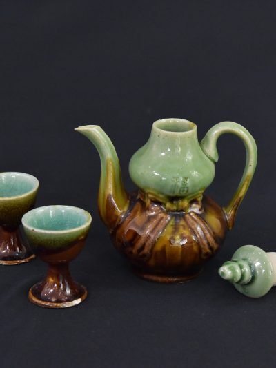Vintage 1960s Ceramic Teapot with Two Cups – Green and Brown Glaze