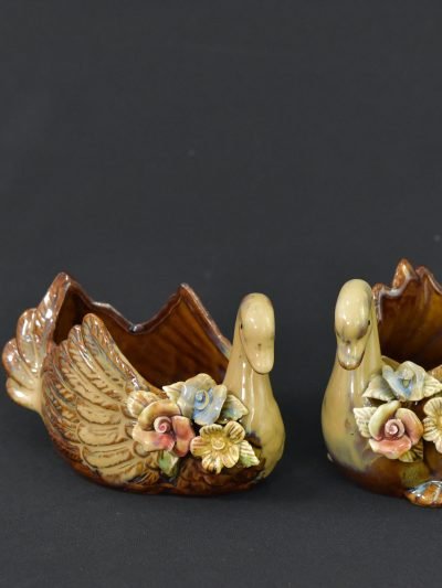 Vintage Ceramic Swan Planter Figurines – Set of 2 – Decorative Floral Accents