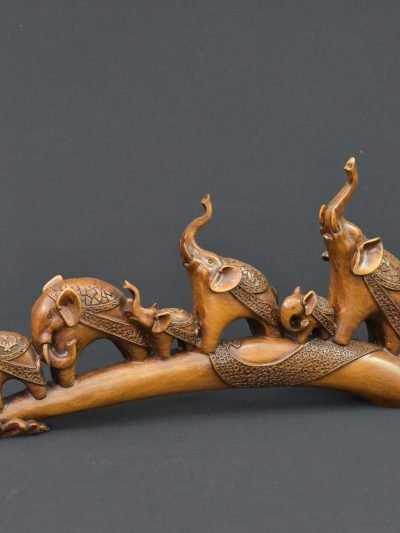 Wooden Elephant Family Figurine – Decorative Carving