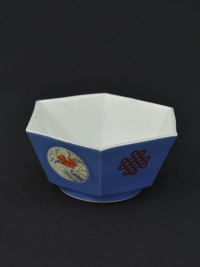 Vintage 1960s Chinese Hexagonal Porcelain Bowl – Blue with Floral Motif