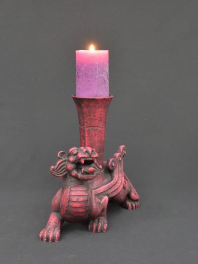 Vintage 1990s Clay Dragon Candle Holder with Purple Pillar Candle