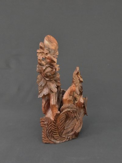 Vintage 1980s Wood Carving – Rooster with Floral Motif and Rising Sun