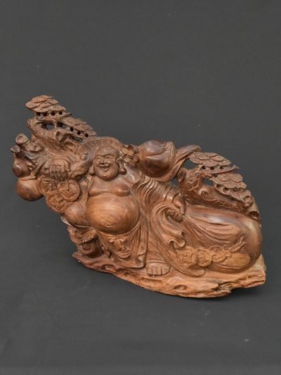 Vintage 1970s Vietnamese Huanghuali Wood Carving – Reclining Laughing Buddha