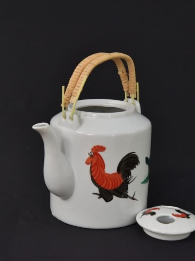 Vintage Style Porcelain Teapot with Rooster Motif and Woven Handle